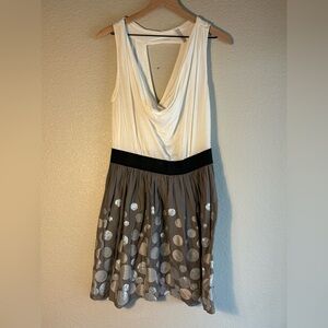 ModCloth Sleeveless Ivory and Gray Dot-Print Dress with Draped Neckline